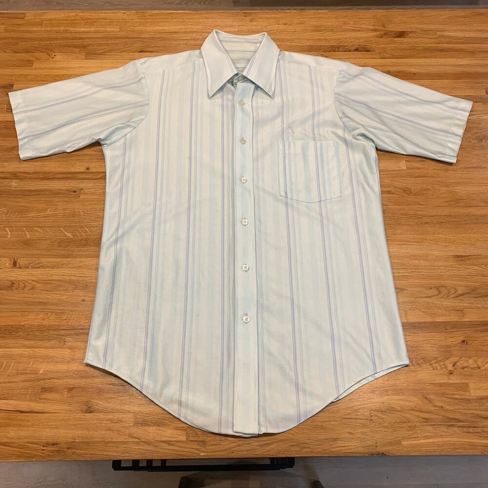 Short Sleeve Shirt Blue Stripe Permanent Press Button Up, Vintage 1970's Men's